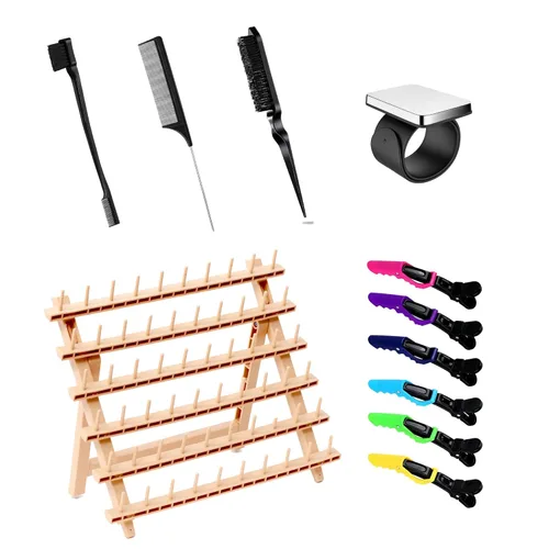 Miniatura 8 de Laflare Estante de trenzado para cabello con juego de peine, pulsera de gel trenzado y estante (soporte de extensión con 60 clavijas) con accesorios