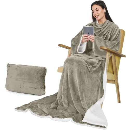 Miniatura 9 de Catalonia Classic Manta de forro polar Sherpa con mangas, súper suave, cálida y acogedora, manta portátil de viaje, regalo para mujeres, hombres