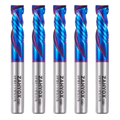 Miniatura 12 de ZahyoX Broca de enrutador CNC espiral de compresión de 3/8 pulgadas, fresadora de extremo CNC de carburo sólido recubierta NACO, diámetro de corte