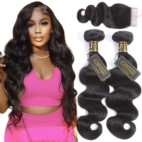 Miniatura 15 de QTHAIR Extensiones de cabello humano brasileño ondulado de grado 18A #613 con cierre de encaje HD 4x4