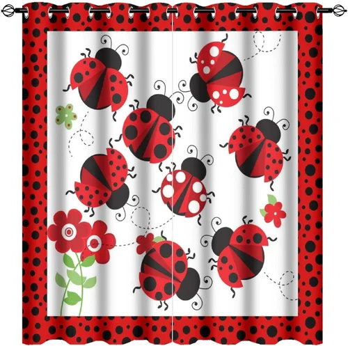 Miniatura 20 de Cortinas opacas de estilo japonés de mariquita de dibujos animados, diseño de eucalipto de mariquita roja y negra, juego de tratamiento de ventana