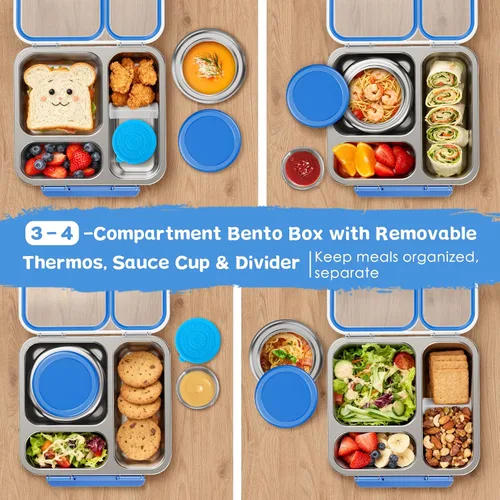 Miniatura 4 de Pawtong Caja Bento de Acero Inoxidable para Niños y Adultos con Frasco de Comida Aislado de 7 oz, Caja de Almuerzo de Metal con Tapa Transparente