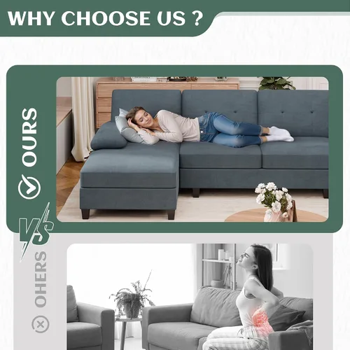 Miniatura 6 de Vongrasig Camillas seccionales para sala de estar, sofá en forma de U con diván, sofá modular grande de 4 asientos moderno para sala de estar, Gris