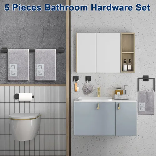 Miniatura 3 de NearMoon Juego de 5 piezas de accesorios de baño de acero inoxidable 304, kit de toallero cuadrado - Barra de toalla de 24 pulgadas + anillo