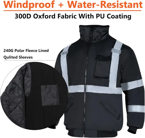 Miniatura 4 de VENDACE Chaquetas de seguridad reflectantes de alta visibilidad para hombres Forro polar de invierno ANSI Clase 1 Chaqueta bomber con capucha Hi Vis