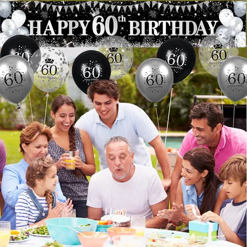 Miniatura 5 de Decoraciones de feliz cumpleaños 60, pancarta negra y plateada, letrero de patio, globos de 18 piezas para hombres y mujeres, fiesta de cumpleaños