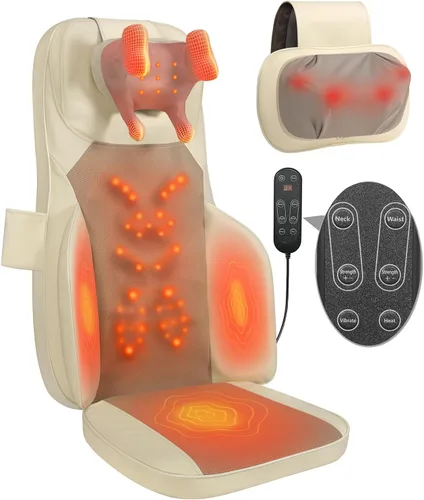 Cojín de Masaje Shiatsu con Calor para Cuello y Espalda - Amasado 4D, Vibración y Diseño de Doble Cuello, Intensidad y Altura Ajustables, Ayuda con
