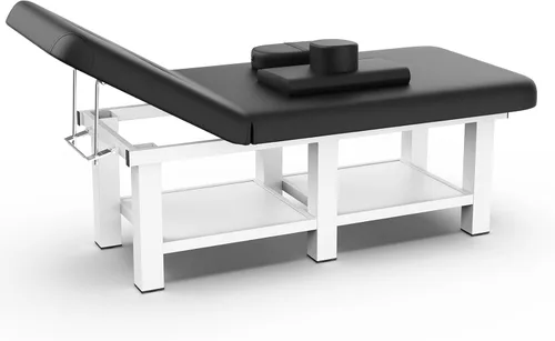 Mesa de masaje estacionaria profesional de metal con respaldo ajustable, cama de masaje de 31.5 pulgadas de ancho con piel sintética y capa de