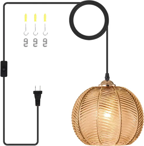Lámparas colgantes de esquina vintage para sala de estar, lámpara colgante de vidrio acanalado ámbar con cable enchufable, lámpara colgante bohemia