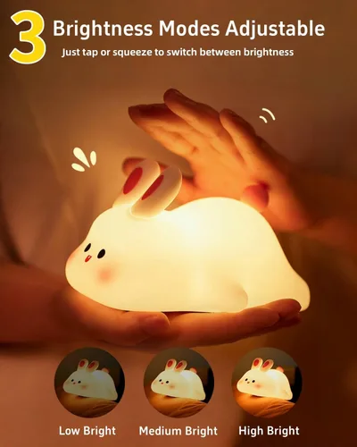 Miniatura 4 de Luz nocturna de conejo de cara grande para niños, lámpara de conejo de silicona blanda con control táctil, 3 niveles de brillo, temporizador