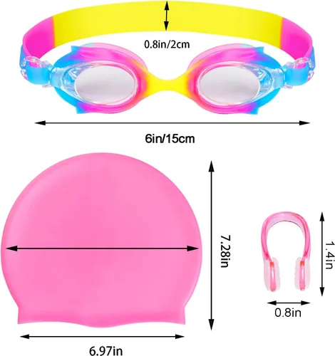 Miniatura 2 de Gorro de natación para niños y niñas, gorro de natación de silicona para cabello corto con gafas de natación y clip para la nariz, gorras de baño