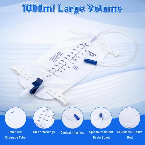 Miniatura 4 de Bolsas de pierna para catéter de 1000ml, bolsa de drenaje urinario para hombres y mujeres con válvula anti reflujo, tubos de 18 pulgadas y correas