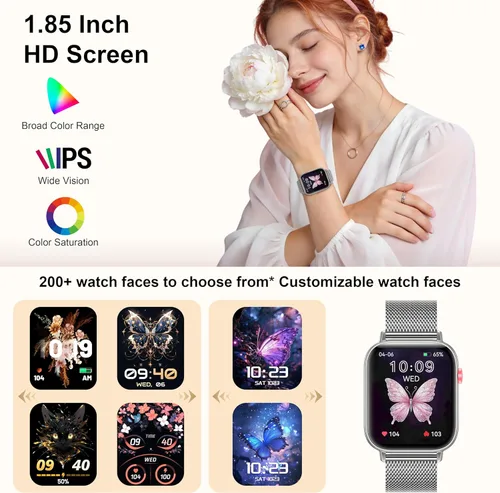Miniatura 5 de Reloj inteligente para mujer (respuesta/hacer llamadas), pantalla táctil HD de 1.85 pulgadas con 4 bandas, más de 120 modos deportivos, impermeable