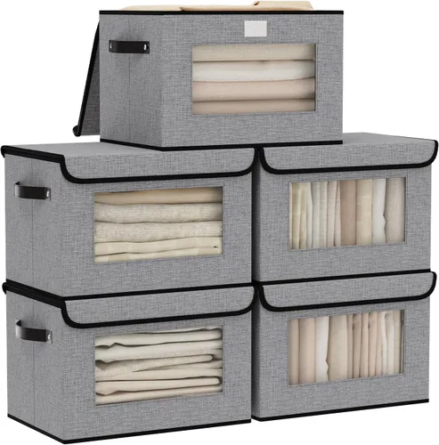 Miniatura 21 de Cesta de almacenamiento de tela con tapa, organizador decorativo de lino para armario, caja de almacenamiento de 15 x 9.8 x 9.8 pulgadas con asas