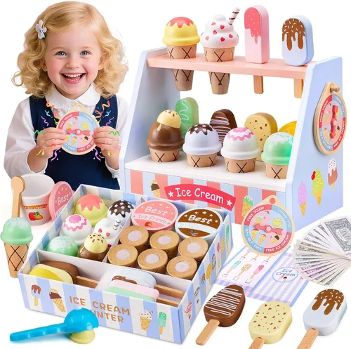 Ehome Juego de juguetes de helado de madera, tienda de alimentos para niños, para servir helados, mostrador, tienda, juego de cocina con rueda de la