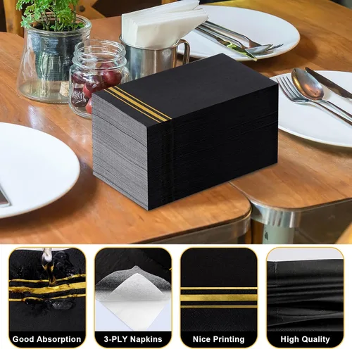 Miniatura 3 de 200 Servilletas de Papel con Ribete Dorado Negras Elegantes Servilletas de Cena, Servilletas de Invitados de 3 Capas con Papel Dorado Desechables