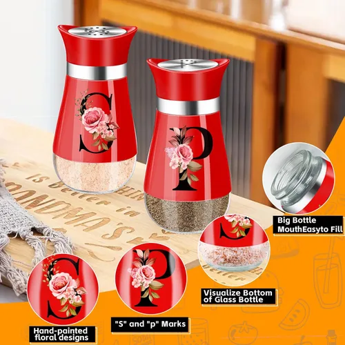 Miniatura 4 de Juego de saleros y pimenteros, accesorios de cocina rojos de 4 onzas, dispensador de especias de acero inoxidable y vidrio, diseño clásico, diseño