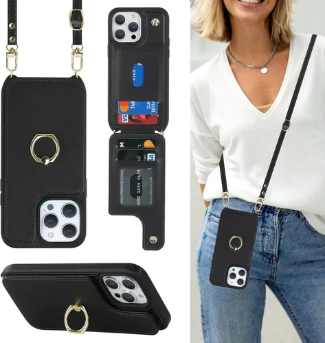 Miniatura 17 de Lipvina Funda para iPhone 14 Plus con tarjetero y correa para mujer, cordón cruzado, bloqueo RFID, soporte de anillo de soporte, cierre a presión
