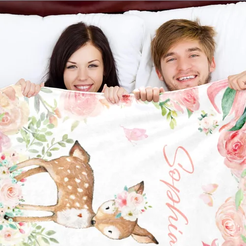 Miniatura 8 de Manta de bebé personalizada de ciervo para niña, manta con nombre personalizado para niñas recién nacidas, manta de franela suave, regalo 8-Deer