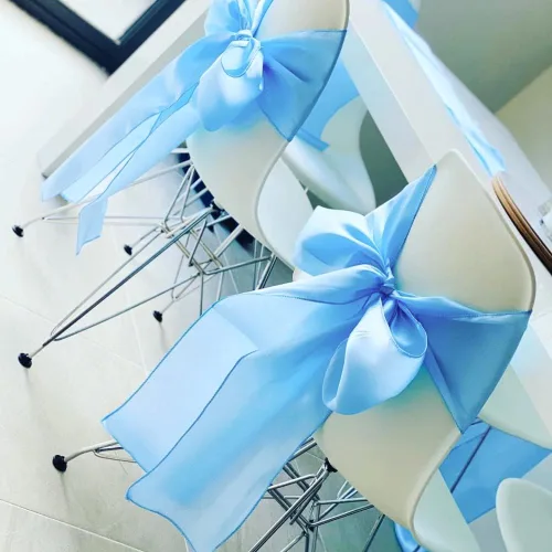 Miniatura 6 de 50 Bandas y Lazos de Satén Azul Bebé para Sillas para Decoración de Bodas, Fiestas de Cumpleaños y Fiestas - Cintas de 7x108 Pulgadas, Lazos