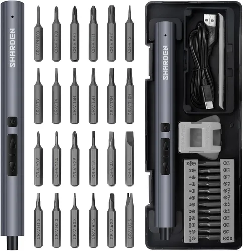SHARDEN Mini destornillador eléctrico, kit de destornillador eléctrico pequeño 29 en 1 con 24 puntas magnéticas, herramienta de reparación Gris