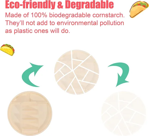 Miniatura 4 de LUVCOSY Platos desechables grandes de 10 pulgadas, 3 tacos y 4 lados, soporte biodegradable para tacos de almidón de maíz, tortilla suave y dura