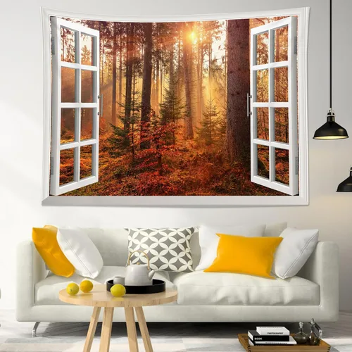Miniatura 2 de HVEST Tapiz de bosque otoñal para colgar en la pared, hojas de arce naranja y sol, tapiz para colgar en la pared, tapiz de hojas de árbol de otoño