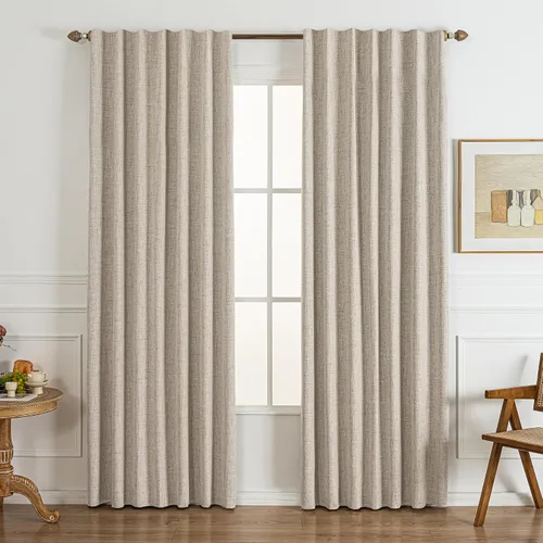 Miniatura 11 de Cortinas opacas de 120 pulgadas, 2 paneles de 100% bloqueo de luz, aislamiento térmico y reducción de ruido, mezcla de lino plisado con gancho