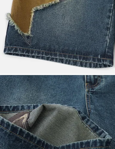 Miniatura 4 de Vamtac Pantalones cortos de mezclilla para hombre, diseño de retazos de estrellas, tiro medio, casual, holgado, para verano, pantalones de mezclilla