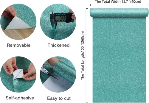Miniatura 9 de CHIHUT Rollo de papel tapiz de 15.7 x 100 pulgadas despegar y pegar con purpurina azul claro para cubrir paredes con purpurina brillante, extraíble