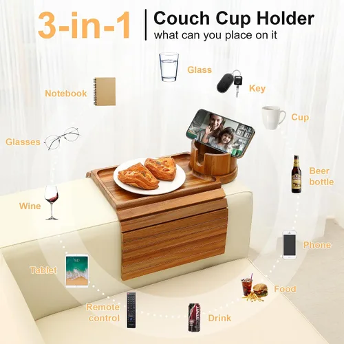 Miniatura 9 de Bandeja para portavasos de sofá, mesa de madera de acacia con soporte para teléfono, bandeja plegable grande para sofá para mesa de aperitivos