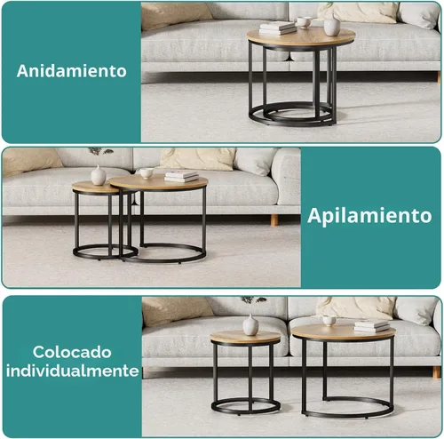 Miniatura 5 de Smuxee - Juego de 2 mesas de café anidadas, mesa redonda de café de 23.6" de madera marrón con pies antideslizantes ajustables, mesa auxiliar