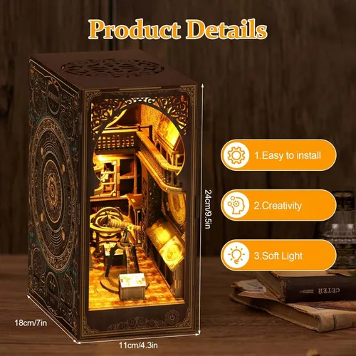 Miniatura 4 de Kit de rincón de libro para adultos, kit de construcción de casa de muñecas en miniatura, rompecabezas de madera 3D con sensor de luz LED