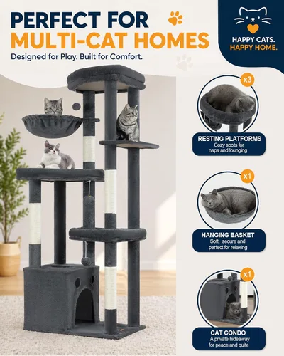 Miniatura 6 de Torre de árbol para gatos de varios niveles para gatos de interior, torre de escalada XL de 67 pulgadas de alto con 3 plataformas grandes, postes