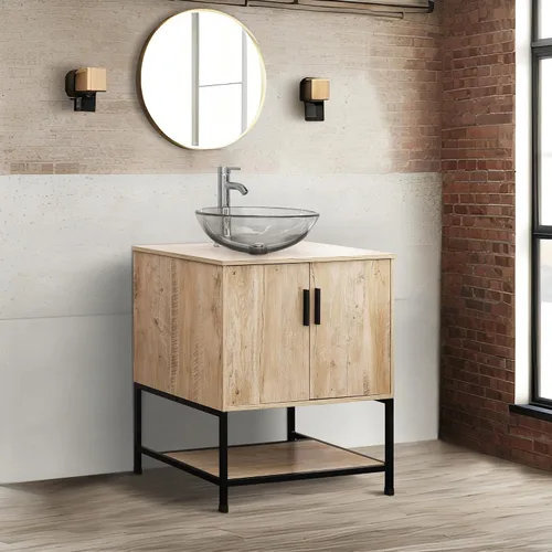 Miniatura 3 de UEV Mueble de baño de roble rústico de 30 pulgadas con lavabo, juego de gabinete de baño con marco de hierro industrial con puertas y estante