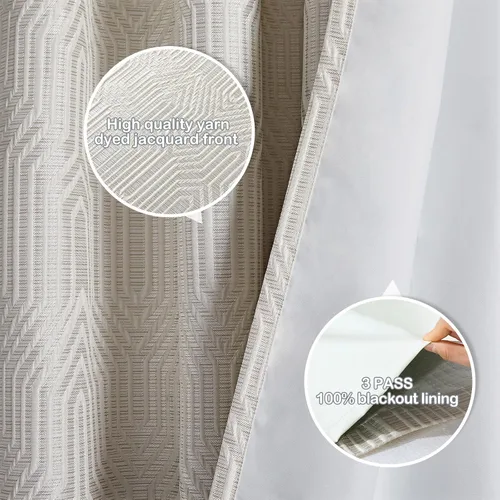 Miniatura 4 de Cortinas de patrón geométrico jacquard 100% opacas beige y plateado, 2 paneles de 52 pulgadas de ancho y 63 pulgadas de largo, con aislamiento