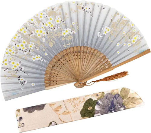 Miniatura 27 de Abanico plegable de seda y bambú, 8.27 pulgadas (21 cm), estilo retro, vintage, elegante y encantador, chino/japonés, regalo para mujeres y niñas