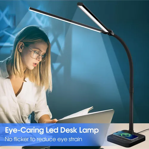 Miniatura 5 de ShineTech Lámpara de escritorio LED para oficina en casa, luz de escritorio de doble cabezal de 24 W con carga inalámbrica, puerto USB, 25 modos
