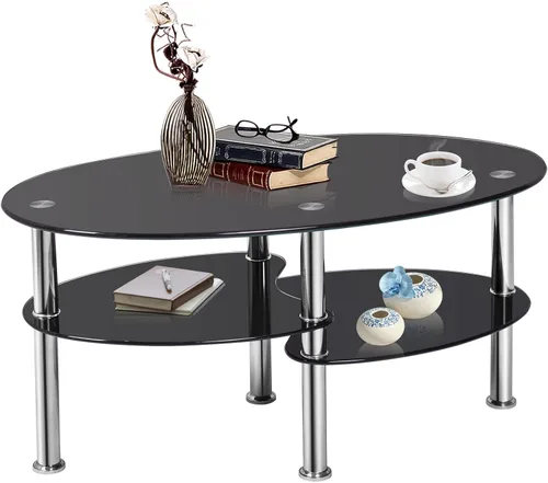 Miniatura 9 de COSTWAY Mesa auxiliar de cristal, mesa auxiliar de sofá de 3 niveles con patas de tubo de metal y estantes abiertos, moderna mesa auxiliar ovalada