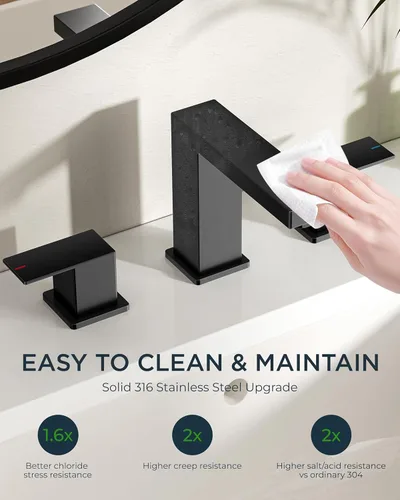 Miniatura 6 de FORIOUS Grifos de baño negros de 3 agujeros, grifo de lavabo de baño negro mate de 8 pulgadas de ancho, 2 manijas para fregadero de baño con drenaje