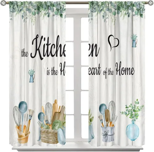 Miniatura 3 de Cortinas rústicas de cocina de granja, hojas verdes florales de primavera, cortinas retro de tablones de madera campestre para dormitorio, comedor