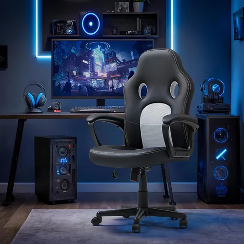 Miniatura 7 de Silla ejecutiva de piel para oficina, sala de conferencias o videojuegos con respaldo alto, ergonómica, ajustable., Blanco