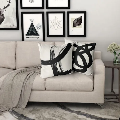 Miniatura 7 de Juego de 4 fundas de almohada abstractas de color negro y beige de 16 x 16 pulgadas, modernas fundas de cojín a rayas para sala de estar, sofá
