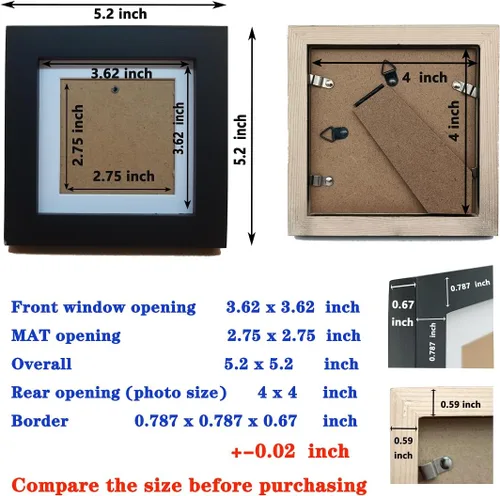 Miniatura 6 de Elegante portarretratos de madera maciza negra de 4 x 4 pulgadas, con paspartú de 3 x 3 pulgadas para fotos de 4 x 4, madera ecológica de alta