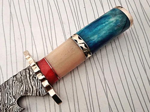 Miniatura 2 de Cuchillo de caza de acero de Damasco de 11.5 pulgadas con gancho de intestino largo, forjado a mano, patrón de torsión de acero de Damasco, hueso