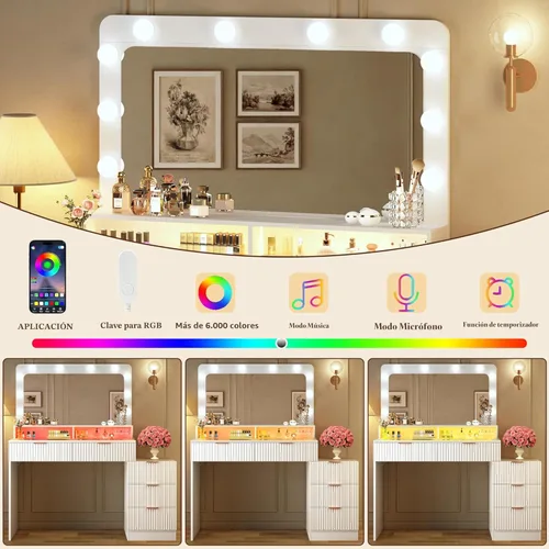 Miniatura 6 de HUAHUU Escritorio de tocador acanalado con espejo y luces, escritorio de maquillaje con parte superior de cristal, mesita de noche y diseño de panel