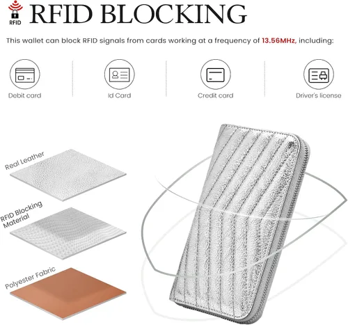 Miniatura 5 de befen Cartera acolchada de cuero genuino para mujer, con cremallera RFID alrededor de diseñador, cartera