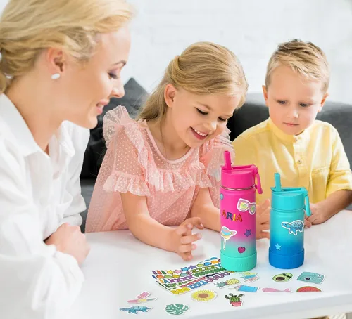 Miniatura 8 de CHILLOUT LIFE Botella de agua aislada para niños de 12 onzas para la escuela con tapa con pajilla, a prueba de fugas y bonitas calcomanías Nectarina