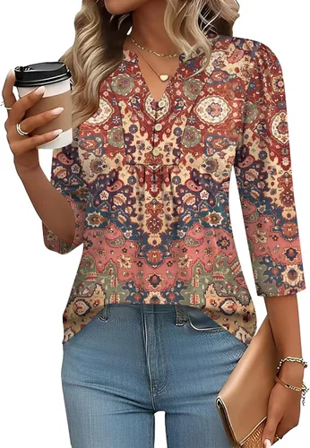 Miniatura 9 de IECCP Blusas de verano de manga 3/4 para mujer, estilo casual, cuello Henley, cuello en V, plisadas, ajuste holgado, blusas de trabajo