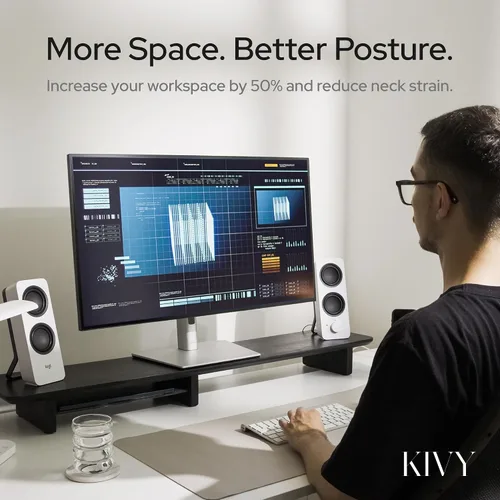 Miniatura 3 de KIVY Elevador de monitor doble con estante de metal integrado [hecho a mano], estante de escritorio de madera para 2 monitores, soporte largo ancho